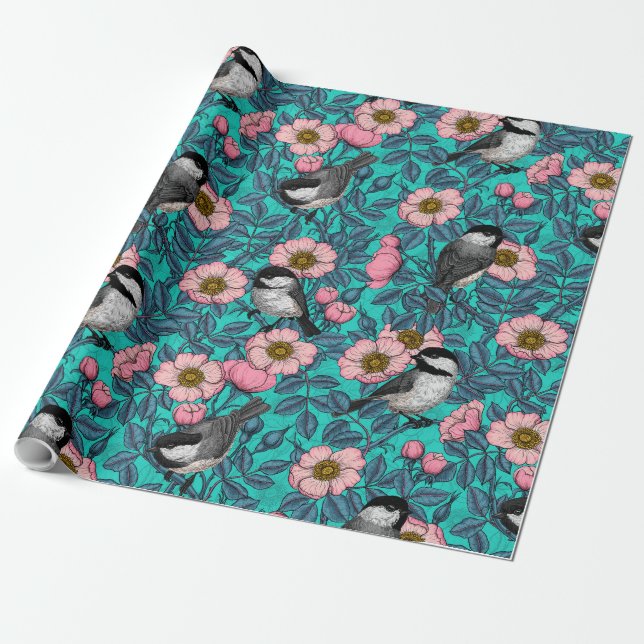Chickadees in the wild rose, pink and blue wrapping paper (Unrolled)