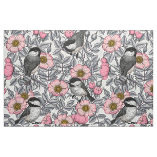 Chickadees in the wild rose, pink and gray fabric