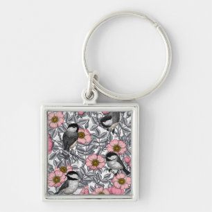 Chickadees in the wild rose, pink and gray key ring