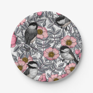 Chickadees in the wild rose, pink and gray paper plate