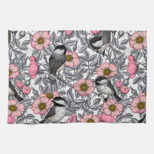Chickadees in the wild rose, pink and gray tea towel