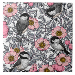 Chickadees in the wild rose, pink and gray tile