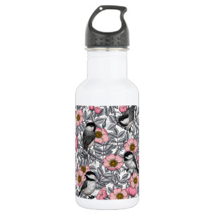 Chickadees in the wild rose, pink and grey 532 ml water bottle