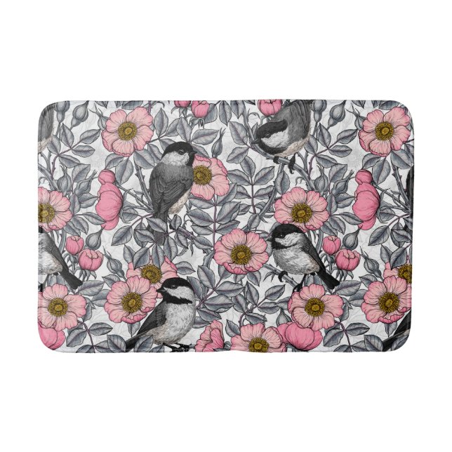 Chickadees in the wild rose, pink and grey bath mat (Front)
