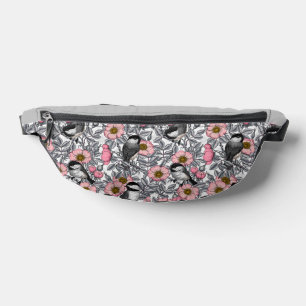 Chickadees in the wild rose, pink and grey bum bags