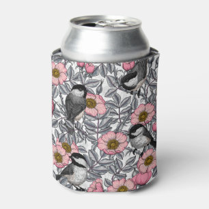 Chickadees in the wild rose, pink and grey can cooler