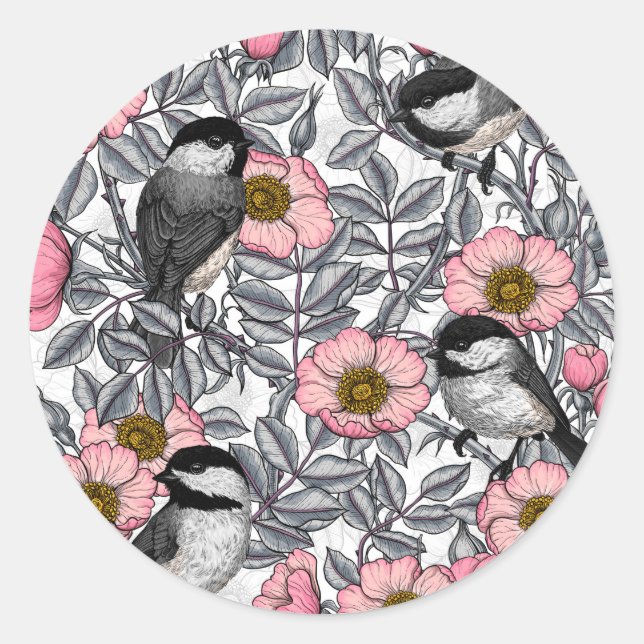 Chickadees in the wild rose, pink and grey classic round sticker (Front)