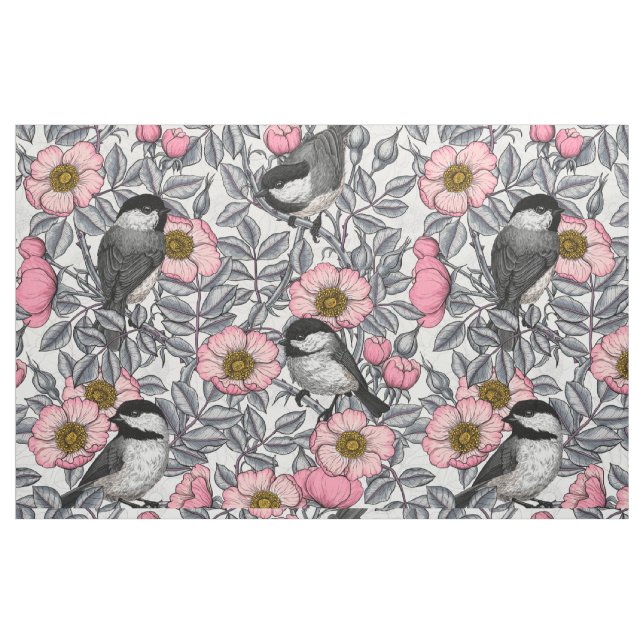 Chickadees in the wild rose, pink and grey fabric (Fat Quarter)