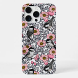 Chickadees in the wild rose, pink and grey iPhone 16 pro max case