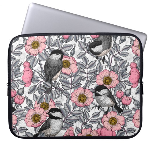 Chickadees in the wild rose, pink and grey laptop sleeve (Front)