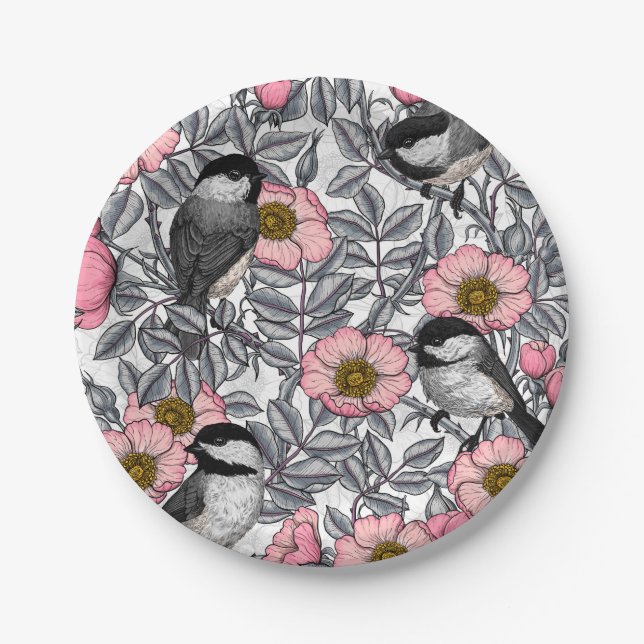Chickadees in the wild rose, pink and grey paper plate (Front)