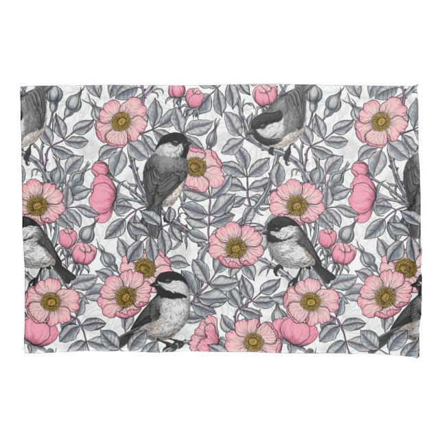 Chickadees in the wild rose, pink and grey pillowcase (Front)