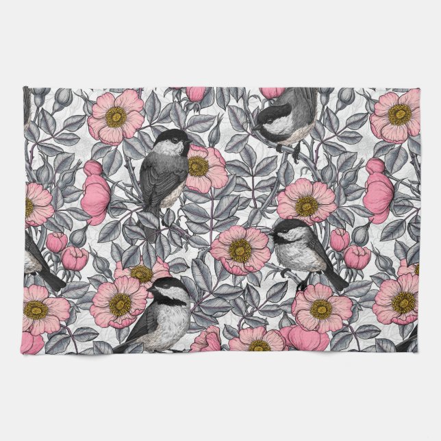 Chickadees in the wild rose, pink and grey tea towel (Horizontal)