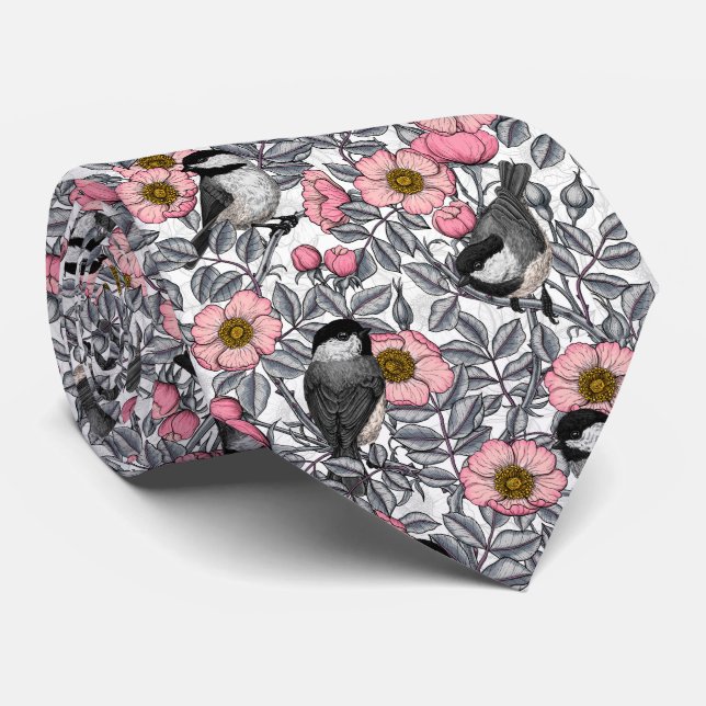 Chickadees in the wild rose, pink and grey tie (Rolled)