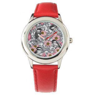 Chickadees in the wild rose, pink and grey watch