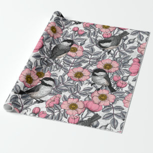 Chickadees in the wild rose, pink and grey wrapping paper
