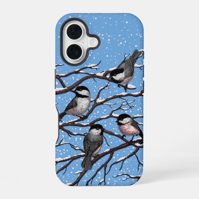 Chickadees in winter iPhone 16 case (Back)