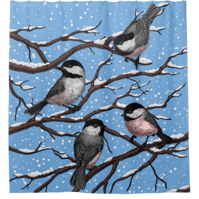 Chickadees in winter shower curtain (Front)