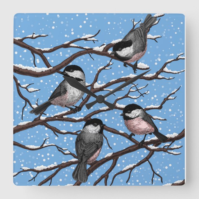 Chickadees in winter square wall clock (Front)