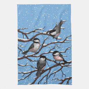 Chickadees in winter tea towel