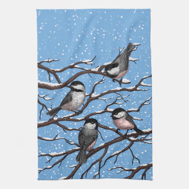 Chickadees in winter tea towel (Vertical)