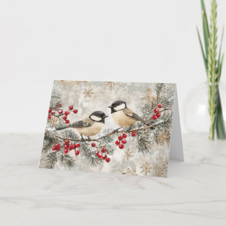 Chickadees on Evergreen with Red Berries Card