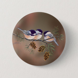 CHICKADEES & PINECONES by SHARON SHARPE 6 Cm Round Badge
