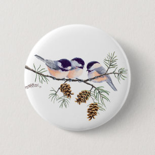 CHICKADEES & PINECONES by SHARON SHARPE 6 Cm Round Badge