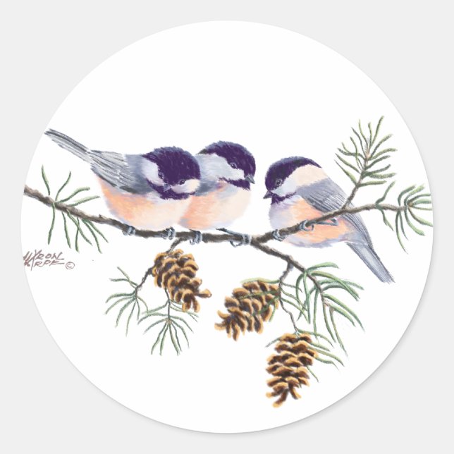 CHICKADEES & PINECONES by SHARON SHARPE Classic Round Sticker (Front)