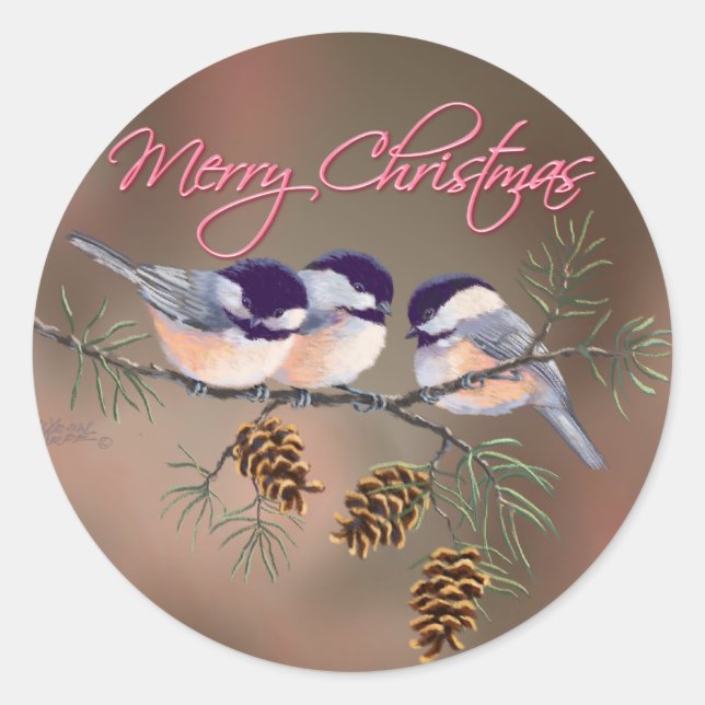 CHICKADEES, PINECONES & TEXT by SHARON SHARPE Classic Round Sticker (Front)