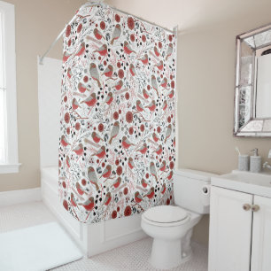 Chickadees Red Grey Pattern Shower Curtain