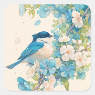 Chickadee's Serenade Among Blue Blossoms Square Sticker