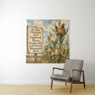 Chicken And Eggplant Farm Surreal Country Cartoon Tapestry