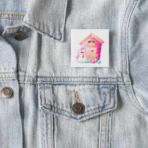 Chicken and Pink Hen House with Flowers 15 Cm Square Badge