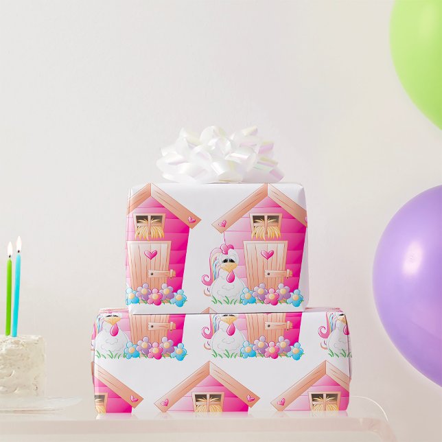 Chicken and Pink Hen House with Flowers Wrapping Paper (Creator Uploaded)