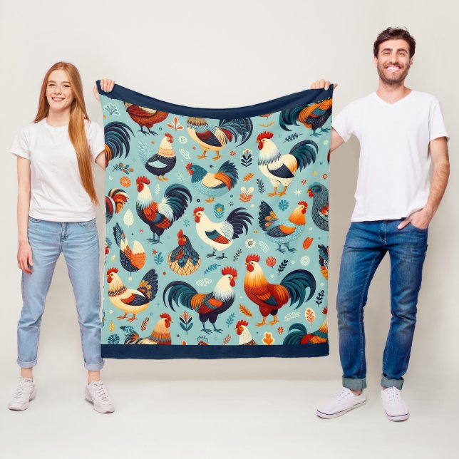 Chicken and Rooster Design Fleece Blanket (In Situ)