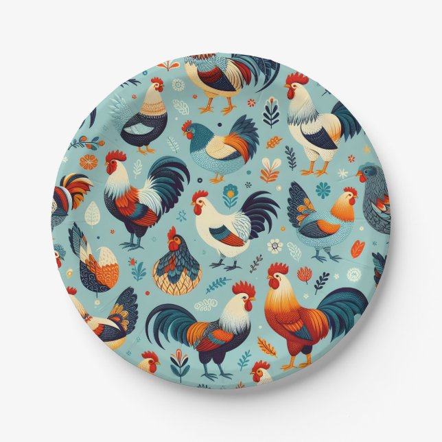 Chicken and Rooster Design Paper Plate (Front)