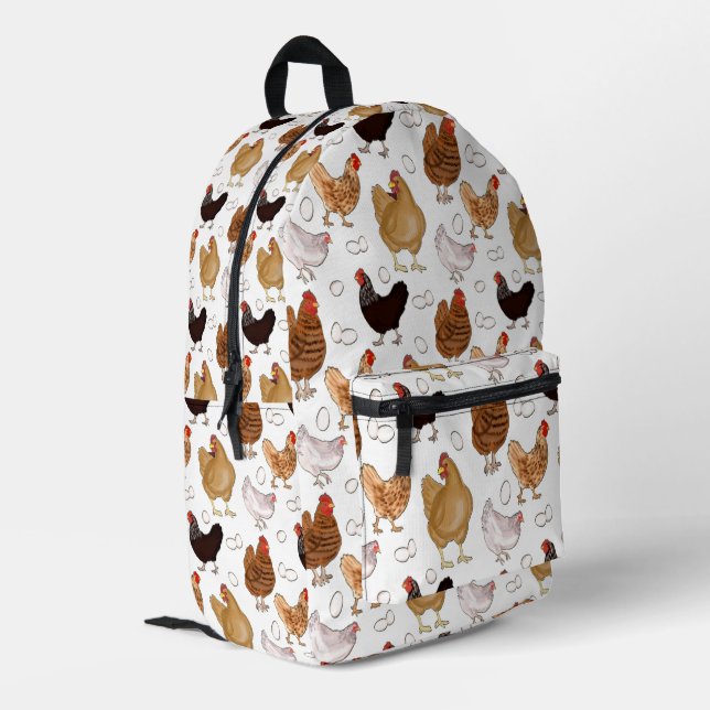 Chicken and the Eggs Pattern on White Printed Backpack (Back Corner Left)