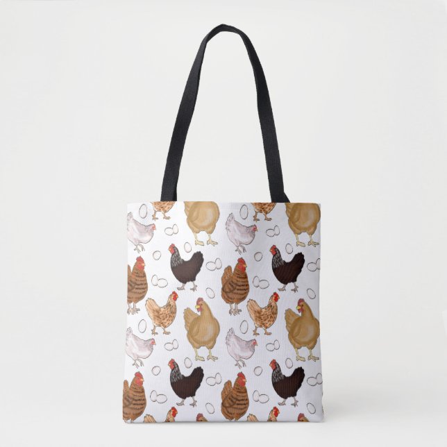 Chicken and the Eggs Pattern on White Tote Bag (Front)