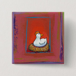 Chicken art hen laying eggs fun colourful painting 15 cm square badge