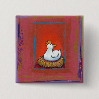 Chicken art hen laying eggs fun colourful painting 15 cm square badge
