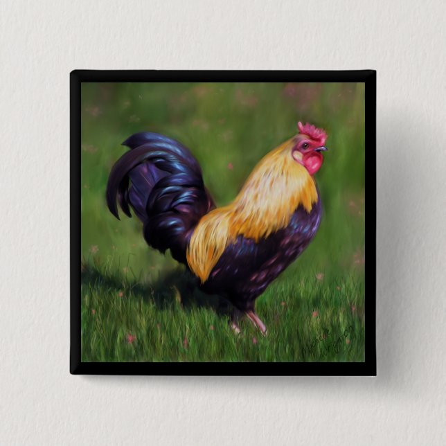 Chicken Art Stuart Bantam Rooster 15 Cm Square Badge (Front)