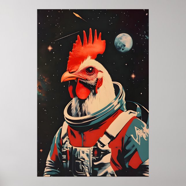 Chicken Astronaut Poster, Chicken Retro Print (Front)