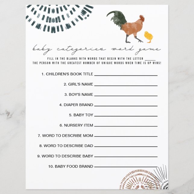 Chicken Baby Shower Categories Word Game (Front)