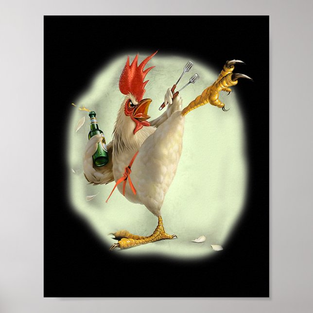 Chicken Beer Karate Kick Cool Chicken Funny Chicke Poster (Front)