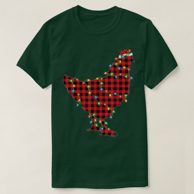 Chicken Bird Xmas Lights Red Buffalo Plaid Chicken T-Shirt (Design Front)