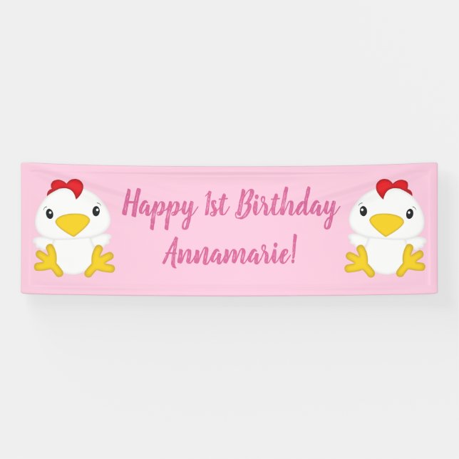 Chicken Birthday Party Pink Banner (Horizontal)