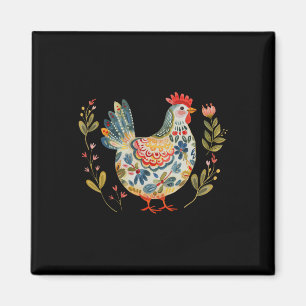Chicken Boho Flower Folk Art Floral Farmer Chicken Magnet