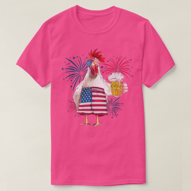 Chicken Cheer Beer American Flag Fireworks  T-Shirt (Design Front)
