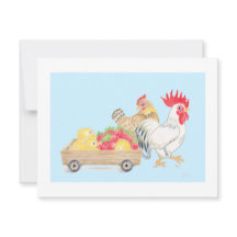 Chicken Chicks Family Strawberries Blue Flat  Card